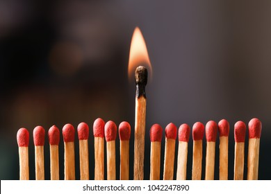 Burning match among others on black background. Difference and uniqueness concept