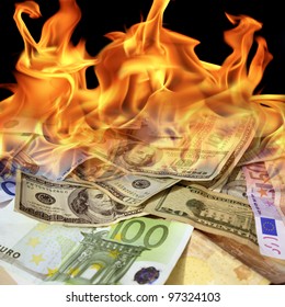 burning money image of  dollar and euro bills on fire
