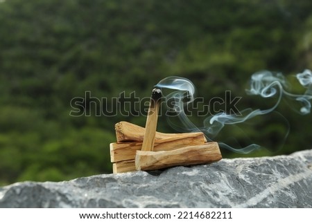 Burning palo santo stick on stone surface outdoors