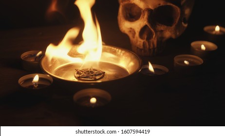 Burning Pentacle On Altar Closeup Photo