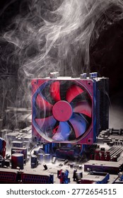 Burning processor unit during repair at service center. Inside a server or data center.