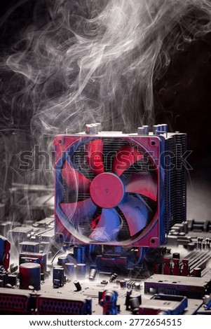 Burning processor unit during repair at service center. Inside a server or data center.