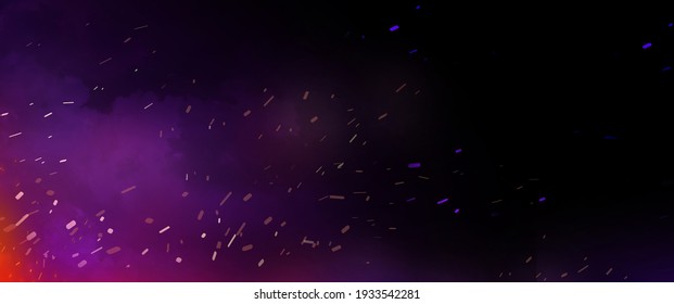 Burning Purple hot sparks fly from large fire. Beautiful abstract background black