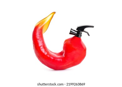 Burning Red Chili Pepper Blended With A Fire Extinguisher Isolated On White Background. Building A Spicy Food Tolerance.