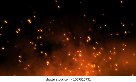 Burning red hot sparks fly from large fire in the night sky. Beautiful abstract background on the theme of fire, light and life. Fiery orange glowing flying away particles over black background in 4k - Shutterstock ID 1059513731