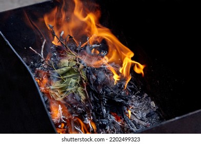 Burning Red Hot Sparks Fly From Fire. Barbecue Gril With Glowing And Flaming Hot Charcoal And Firewood