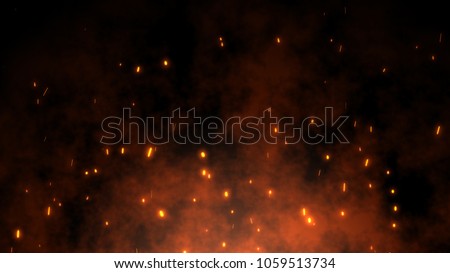 Burning red hot sparks rise from large fire in the night sky. Beautiful abstract background on the theme of fire, light and life. Fiery orange glowing flying away particles over black background in 4k