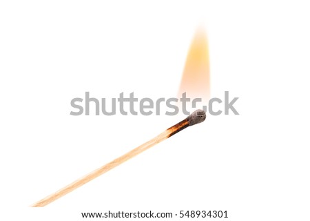 Burning safety-match with red, orange, yellow fire. Isolated on white background.  Burning match in male hand. Burning match detail on white background. Burning match-stick detail. 