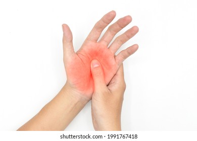 Burning Sensation In Palm Of Asian Young Man With Diabetes. Concept Of Hand Pain. Isolated On White.