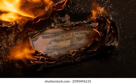 Burning stack of 50 dollars bills i a pile - smoldering away in fire