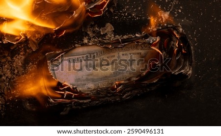 Burning stack of 50 dollars bills i a pile - smoldering away in fire