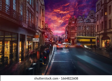 Burning sunset on London old street.