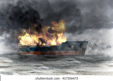 Brennendes Tankschiff auf See bei Sturm.