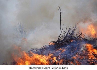 Burning Tree Branches, Clouds of Smoke and Festive Easter Fire. Holy Saturday in Germany, 