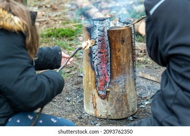 A Burning Tree Trunk With Embers And Smoke In The Forest. It Is Autumn Time. Stick Bread Is Made.

