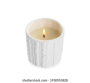 Burning Wax Candle In Holder On White Background