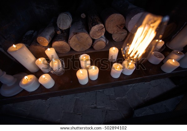 Burning White Candles Stand On Bench Stock Photo Edit Now 502894102