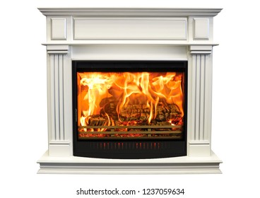 Burning White Fireplace Isolated On White Background.