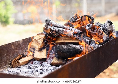 Burning wood bonfire in brazier outdoor. Flames fire BBQ in nature. Preparation for cooking barbecue outside, summertime