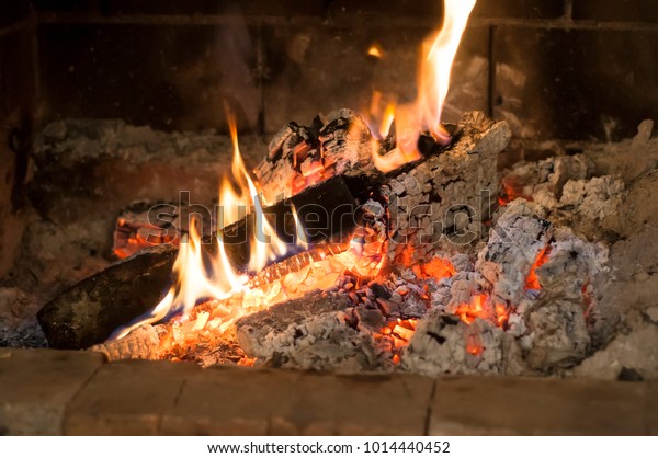 Burning Wood Brick Fireplace Country Cottage Stock Photo Edit Now