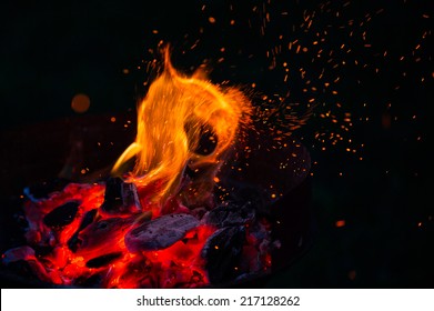 Burning wood and coal in fireplace. Closeup of hot burning wood, coals. 