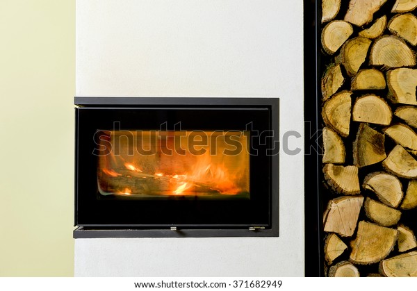Burning Wood Fireplace Insert Wood Stand Stock Image Download Now