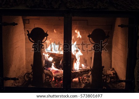 Burning Wood Fireplace Made Stone Lava Stock Image Download Now