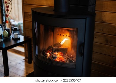 Burning wood in a modern black fireplace with a closed combustion chamber standing in the living room. - Shutterstock ID 2223535407