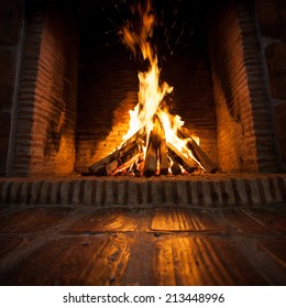 Burning Wood In Open Fire Place 