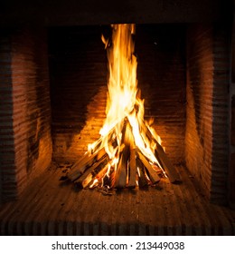 Burning Wood In Open Fire Place 