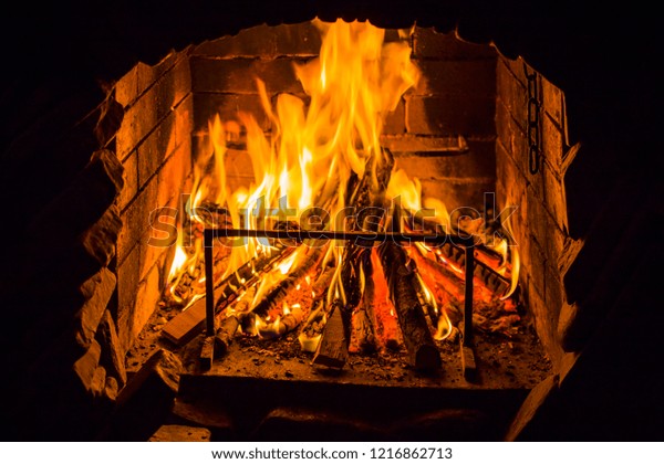 Burning Wood Open Fire Place Red Stock Photo Edit Now 1216862713