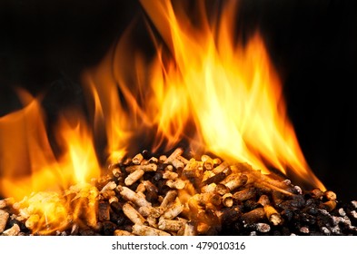 brennendes Holzpellet mit Flammen