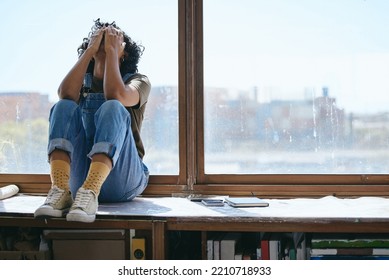 Burnout, Anxiety And Fatigue Creative Student Frustrated Lack Of Inspiration, Studying Or Learning Problem In University Classroom. College Woman By Window Crying, Stress Or Mental Health Depression