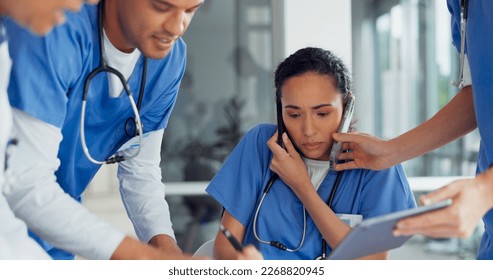 Burnout, doctor with phone call and medical paperwork, stress and administration anxiety, multitasking and overwhelmed in healthcare. Overworked, mental health with coworkers and time management fail - Powered by Shutterstock