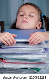 Burnout And Failure At Work Concept. Angry And Exhausted Young Office Business Girl Working Overtime Alone In Office With Large Amount Of Documents. Vertical Image.