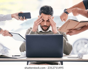 Burnout, headache and chaos of business man with stress, anxiety or mental health crisis, documents and laptop. Project problem, phone call and paperwork of manager, time management and people hands - Powered by Shutterstock