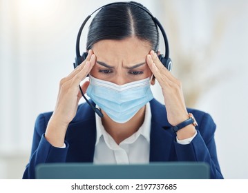 Burnout, Headache And Pain Call Center Agent Working On Laptop, Headset And Medical Face Mask. Tired, Stress And Frustrated Customer Service Or Contact Us Woman Working On Computer With 404 Error