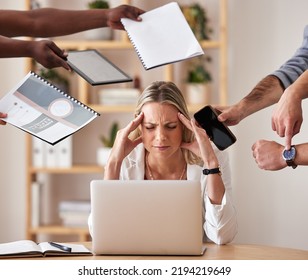 Burnout, Headache And Stress Business Woman Or Entrepreneur Working With Depression, Anxiety And Mental Health In Office Space. Corporate Employee Feel Tired, Sad And Anxious About Deadlines.