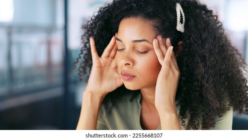 Burnout, headache and stress massage of black woman worker in office with fatigue from deadline. Overwhelmed, sleepy and exhausted business girl at workplace thinking of problem on overtime shift. - Shutterstock ID 2255668107