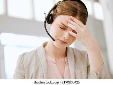 Burnout, Headache And Stressed Call Center Agent Working With Problem, Bad Mental Health Or Stressful Job. Female Sales Representative Or Advisor Feeling Overworked, Tired And Exhausted