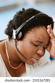 Burnout, Headache And Stressed Female Call Center Agent Working With Problem, Bad Mental Health Or Stressful Job. Sales Representative Or Advisor Feeling Overworked, Tired And Exhausted