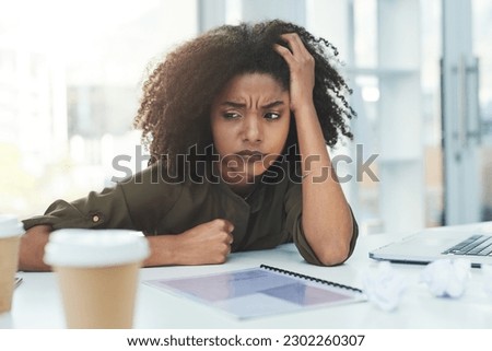 Burnout, stress and tired business woman in office with workload, pressure and working on deadline. Corporate, anxiety and African female worker overwhelmed, lazy and low energy with fail at desk