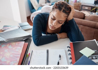 Burnout, Tired And Fatigue Student Sleeping At Desk While Studying For College, School Or University Exam. Woman Scholarship Scholar Sleep While Doing Education Research For Project Or Assignment