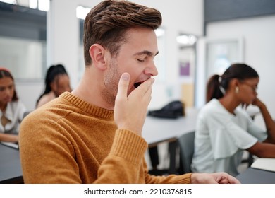 Burnout, Tired Student Or Yawning Man Sleepy In School, College Or University Class From Overwork, Exhausted Or Mental Health. Yawn, Scholarship Study Or Education With Fatigue Or Overwhelm To Male.