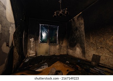 Burnt Apartment House Interior. Consequences Of Fire