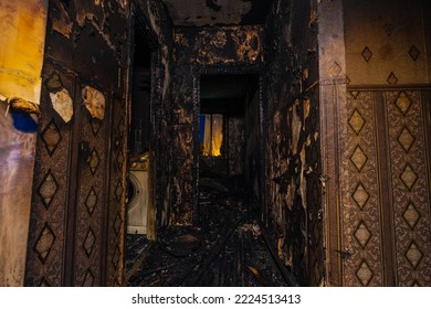 Burnt Apartment House Interior. Consequences Of Fire