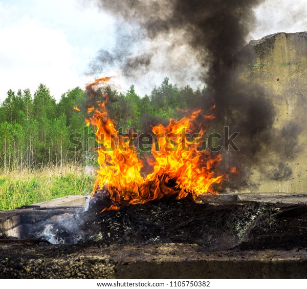 Burnt car wheel, car accident, wheel in\
the fire, burnt tires, burning tires for protest. Burning rubber\
tires wheel of fire smoke soot street\
fighting.