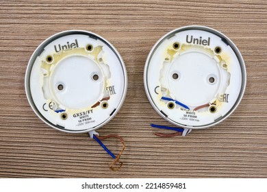 Burnt Ceiling Light Bulb Holder Uniel With Broken Plastic, Problem With Modern Electric Lamp Socket Gx53 - Moscow, Russia, May 8, 2022