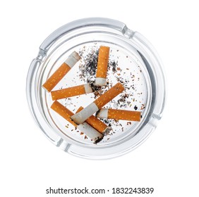 Burnt Cigarette Butts In An Ash Tray Isolated On White