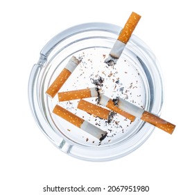 Burnt Cigarette Butts In An Ash Tray Isolated On White